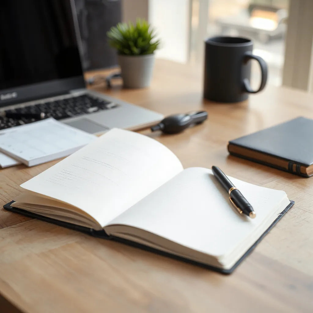 Open premium notebook and pen on a modern desk with a laptop blurred in the background