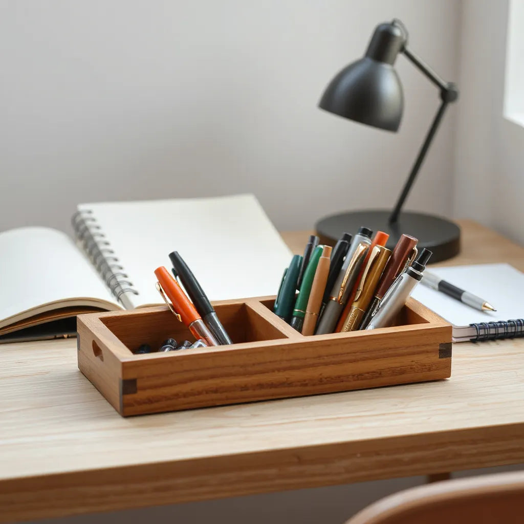 Curated assortment of pens neatly arranged in an office desk organizer tray