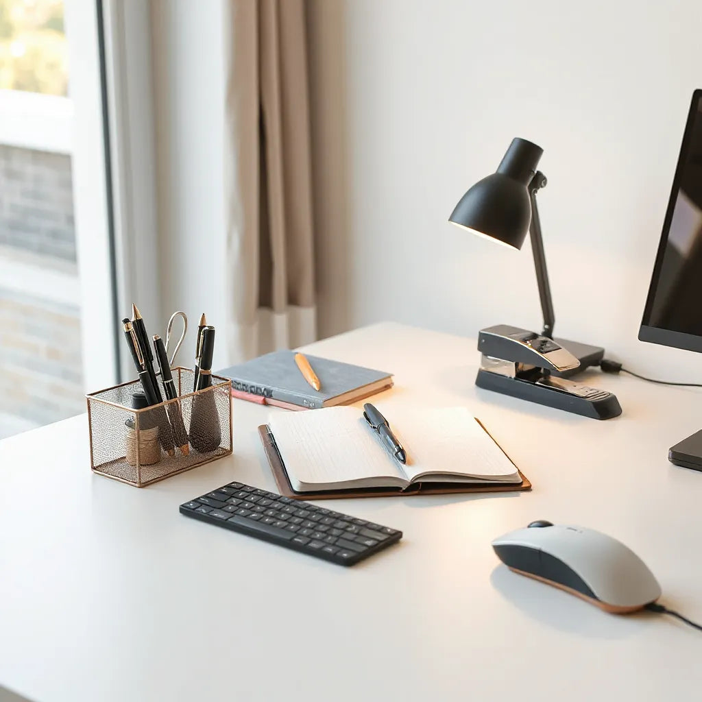 Minimal modern desk with premium organizers, notebook, pens, and an ergonomic stapler in warm natural light