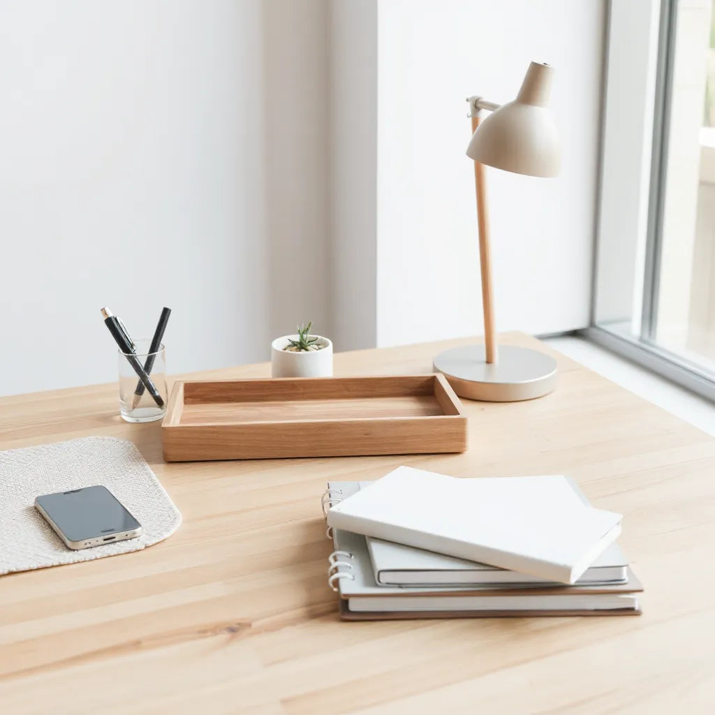 Minimalist desk with organized pen holder, tray, lamp, notebook stack, and a small plant in natural light
