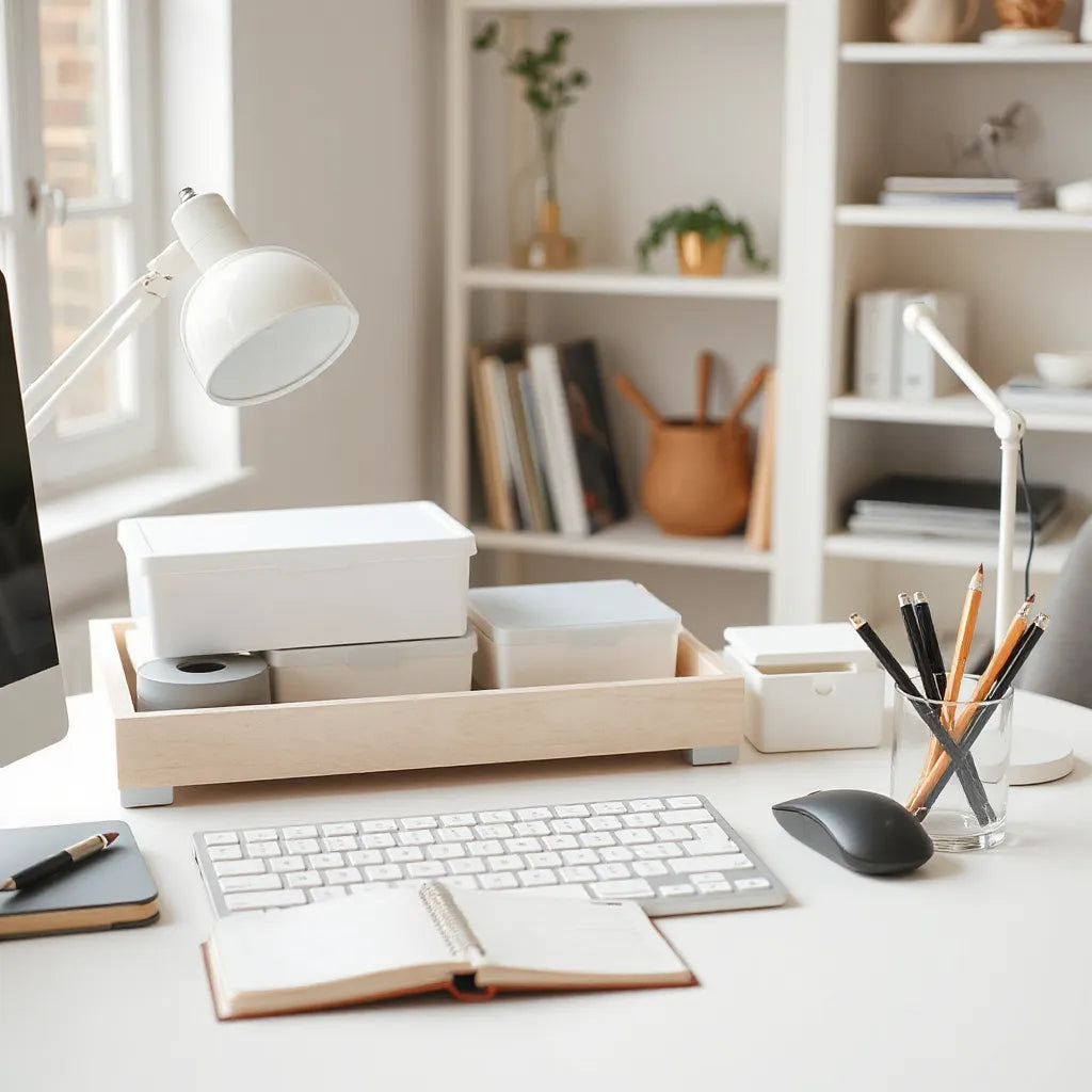 Neatly organized home office desk with storage trays, tools, and uncluttered workspace