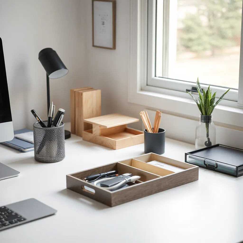 Minimal desk with quality organizer trays, pen holder, cable management channel, and document tray for a tidy workspace