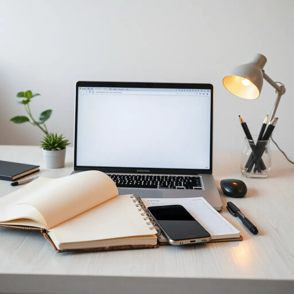 Tidy desk setup with laptop, open notebook, and checklist layout for focused daily work