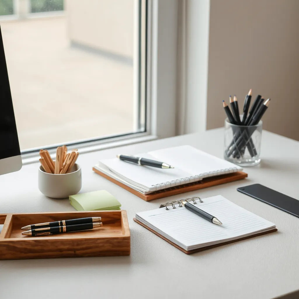 Minimal desk with pen, notebook, sticky notes, and a few writing tools arranged neatly for work
