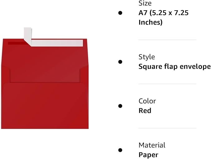 A7 Red Invitation 5x7 Envelopes 100 Pack- Self Seal, Square Flap, invitations - Image 6