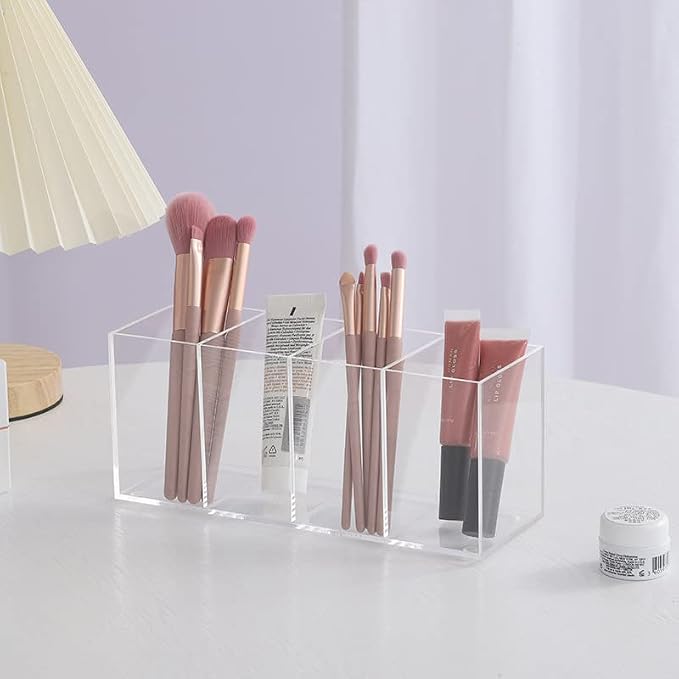 HSYMQ Acrylic Pen Holder 4 Compartments Clear Pencil Holder Organizer Makeup - Image 2