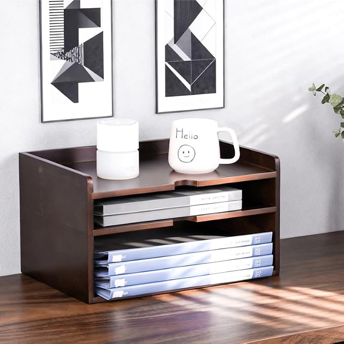 Wooden Desk Organizer with Dark Wood Finish, Stackable Paper Tray & File Holder - Image 4