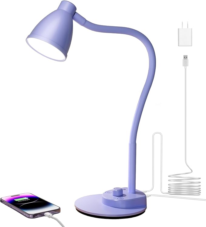 BOHON LED Desk Lamp with USB Charging Port, 3 Color Modes Dim, Lilac Purple | by BOHON