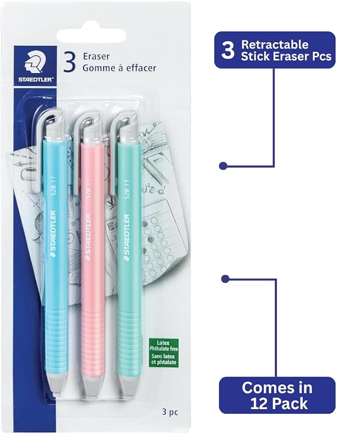 STAEDTLER Vinyl Eraser Holder 12-Pack: 3 Units Retractable Erasers - Image 3
