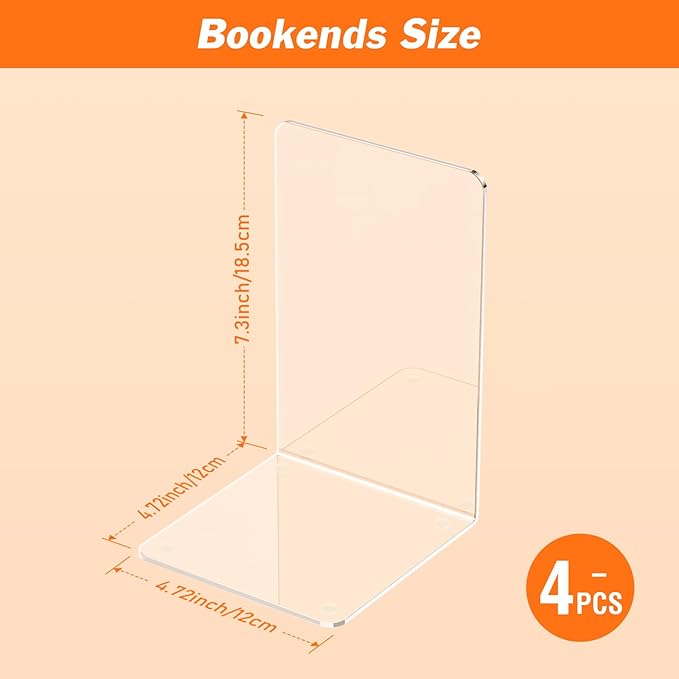 Acrylic Bookends 4 Pcs, Transparent Bookend Organizer, Book Holder Stand - Image 2