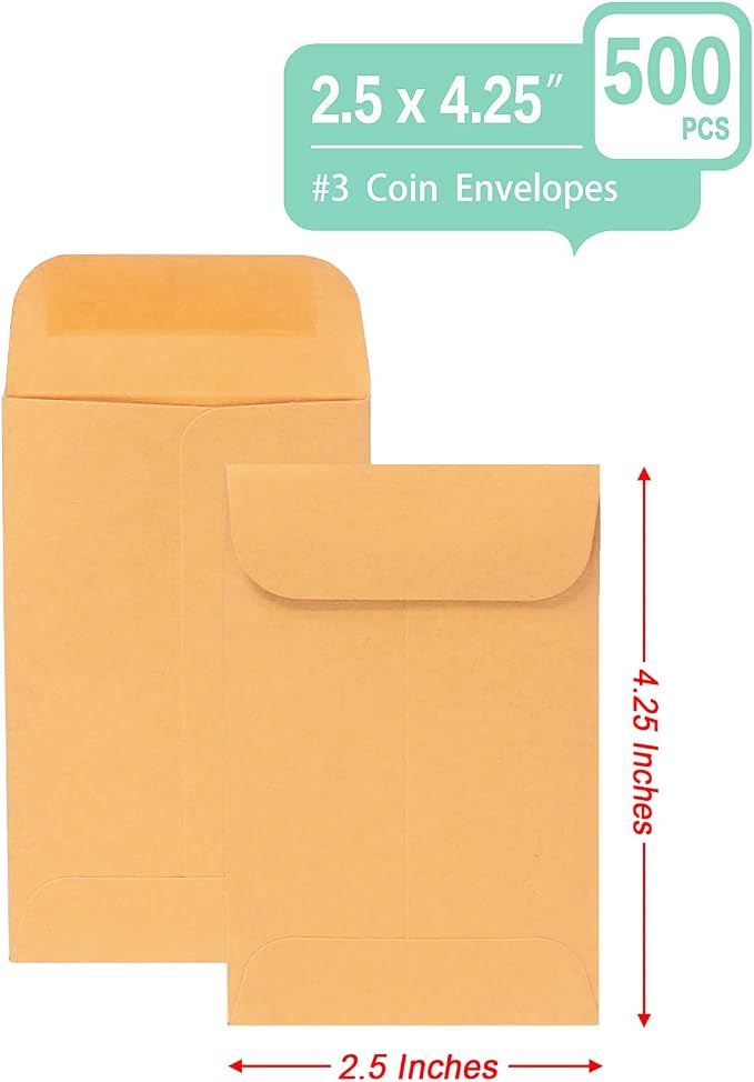 Xxcxpark 500 PCS #3 Coin Envelopes, 2-1/2” x 4-1/4” inches Brown Kraft - Image 3
