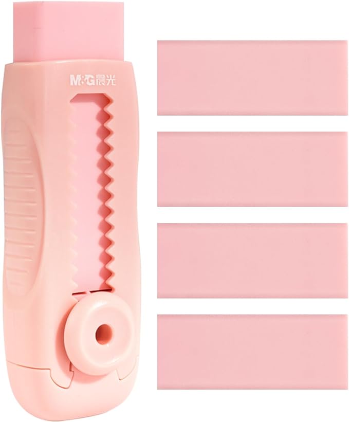 M&G 4+1 Pack Rubber Pink Erasers Sliding Retractable Eraser, Soft Cute Erasers by MG