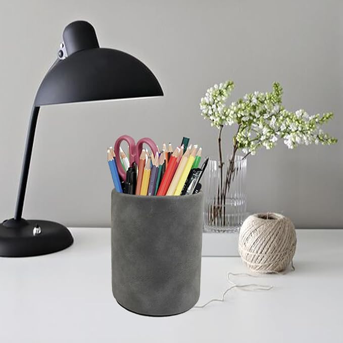 Leather Pen Holder, Dark Gray Pencil Holder, Desktop Elegant Pen Holder - Image 2
