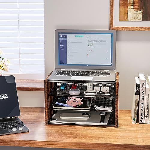 DAOUTIME 3-Tier Paper Letter Tray, Wooden Desk File Organizer, Stackable Metal - Image 4