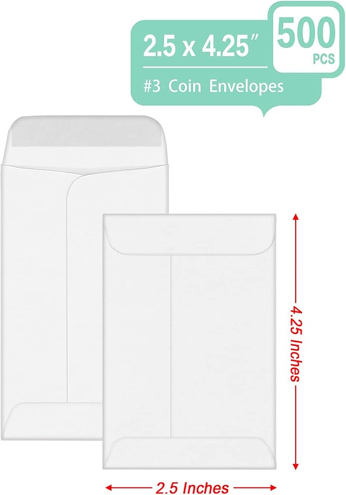 Xxcxpark 500 PCS #3 Coin Envelopes, 2-1/2'' x 4-1/4'' inches White Kraft - Image 3