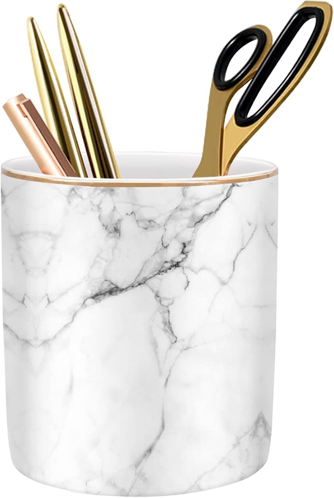 Pen Holder for Desk Cute, Modern Marble Desk Organizer, Durable Ceramic Pencil by WAVEYU