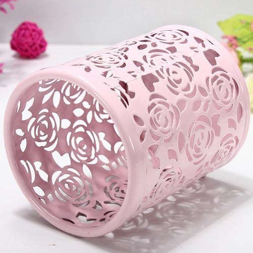2 Pack Hollow Rose Flower Pattern Metal Pen Pencil Pot Cup Holder Desk - Image 4