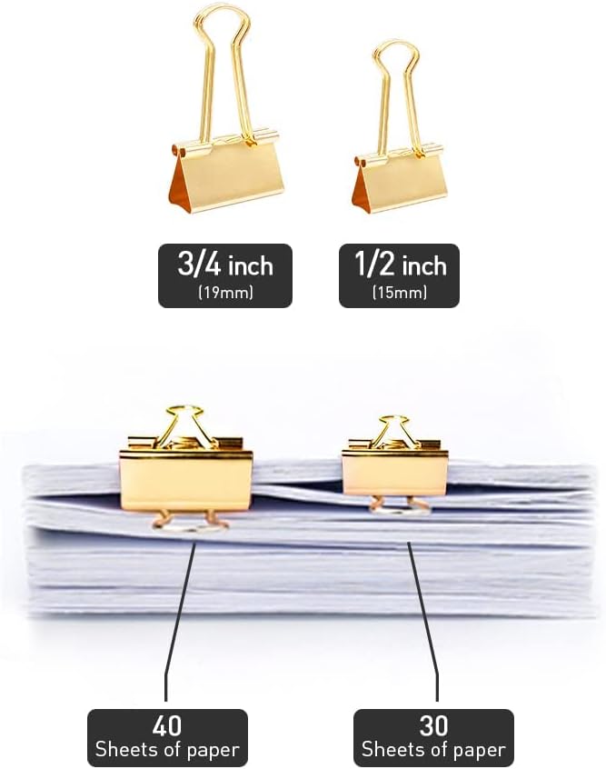 Medium Binder Clips Width 1.25 Inch Capacity 0.6 Inch Gold 24 PCS, Binder Clips - Image 3