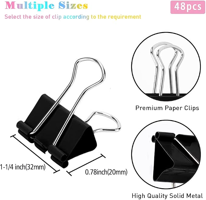 Medium Binder Clips, 48 Pack, 1-1/4 Inch, Standard 32mm, Capacity 0.6 Inch - Image 2