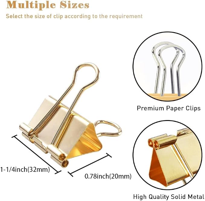 Medium Binder Clips Width 1.25 Inch Capacity 0.6 Inch Gold 24 PCS, Binder Clips - Image 2