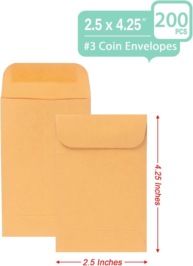 Xxcxpark 200PCS #3 Coin Envelopes 2.5x4.25 inches Brown Kraft Envelopes Classic - Image 3