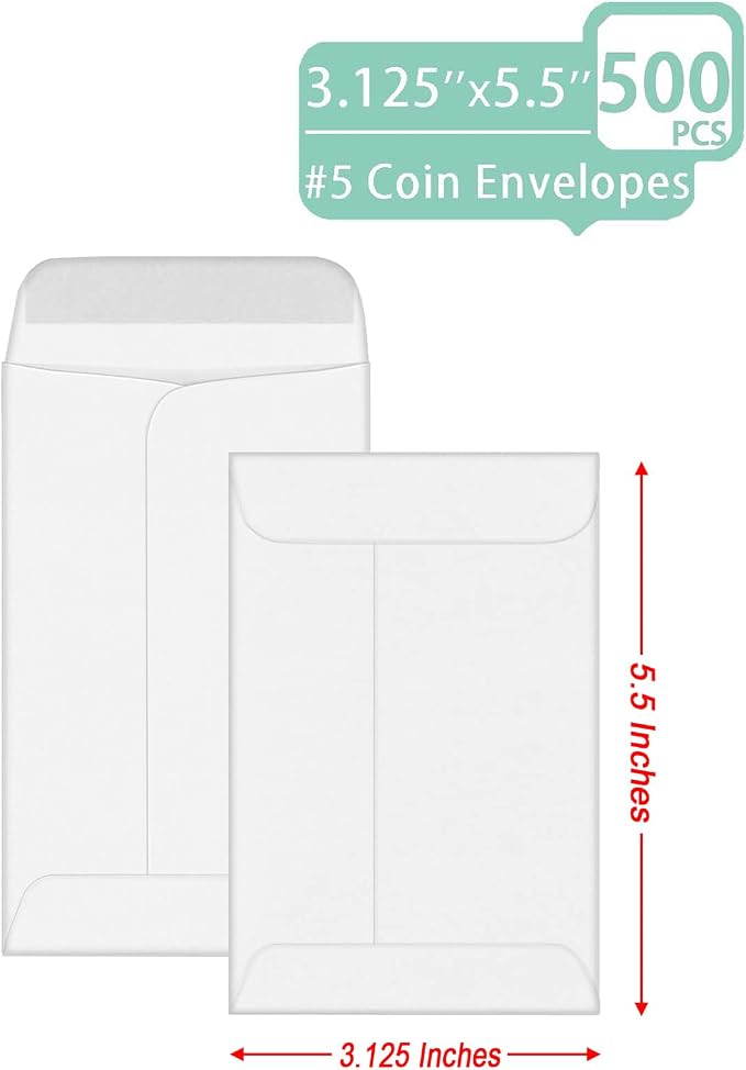 Xxcxpark 500 PCS #5 Coin Envelopes, 3.125 x 5.5 inches White Kraft Envelopes - Image 3