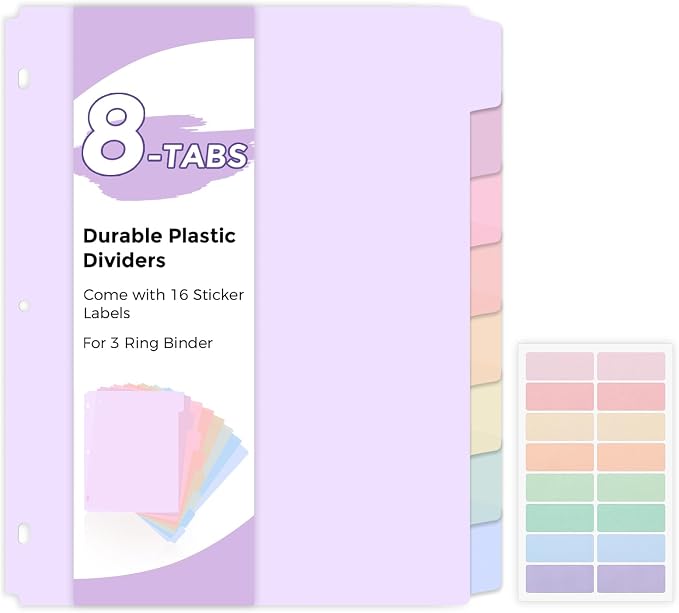 SKYDUE 8-Tab Binder Dividers for 3 Ring Binder, Letter Size, Durable Plastic by SKYDUE