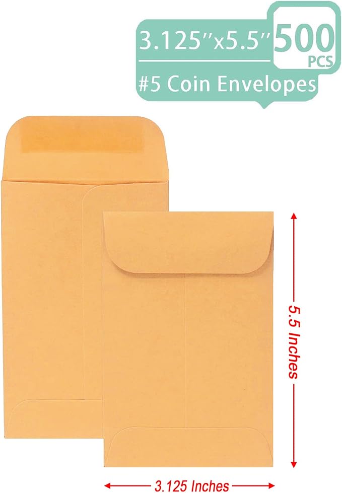 Xxcxpark 500 PCS #5 Coin Envelopes, 3.125 x 5.5 inches Brown Kraft Envelopes - Image 3