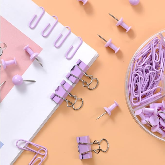 Purple Binder Clips and Paper Clips Push Pins Tacks Sets, Total 72 PCS Assorted - Image 8