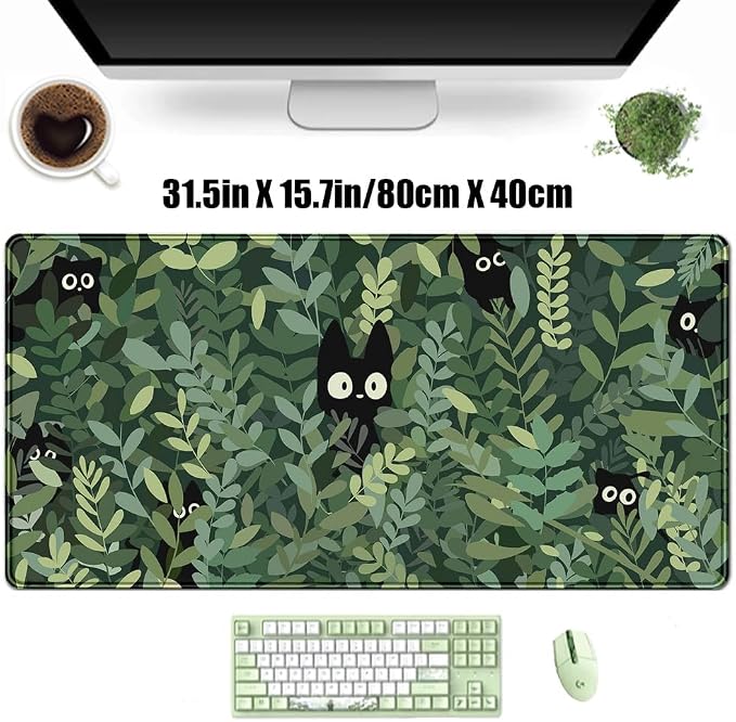 Kawaii Cat Mouse Pad Xl-31.5x15.7in-Anime Black Cat Green Plant Desk Mat - Image 6