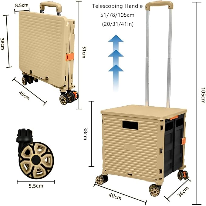 FELICON SELORSS Foldable Utility Cart Folding Portable Rolling Crate-Khaki | - Image 7