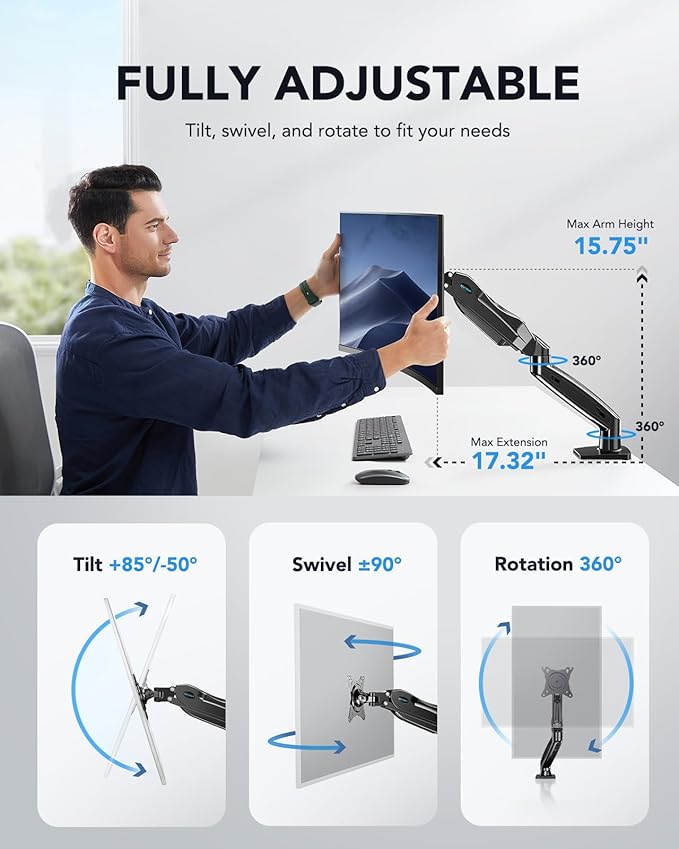 HUANUO FlowLift™ Single Monitor Mount, 13 to 32 Inch Monitor Arm, Adjustable - Image 4