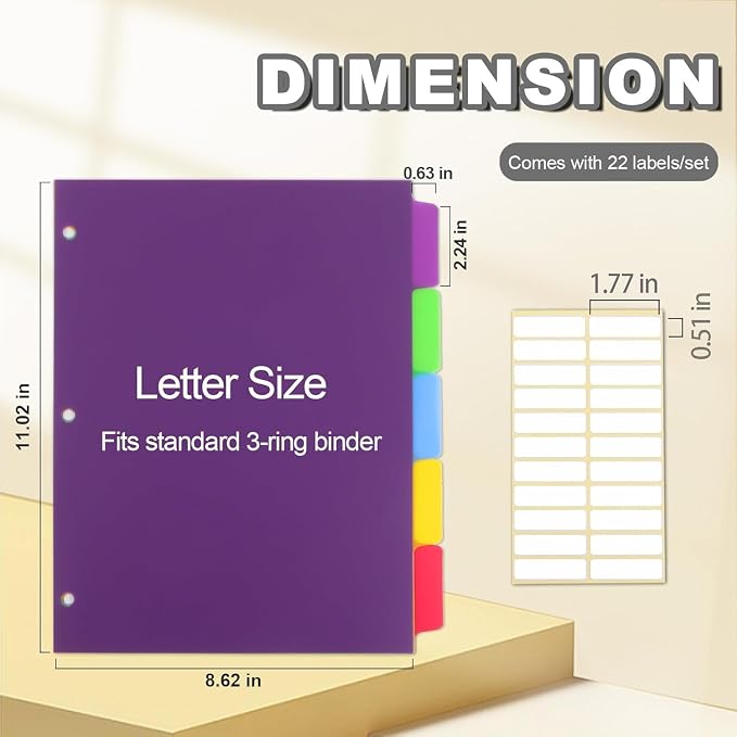 Colorful Binder Dividers with Tabs, Plastic Index with 5-Tabs, - Image 3