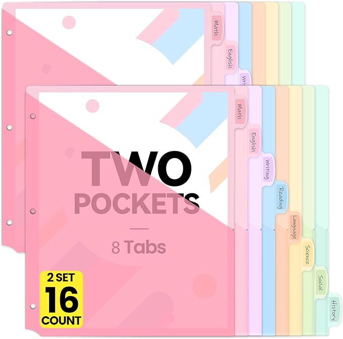 Sooez 16 Count Dividers with 2 Pockets, 8 Tabs Binder Dividers by Sooez