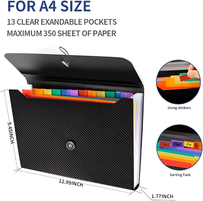 Expanding File Folder, 13 Pockets Accordion File Holder Organizer, A4 Letter - Image 3