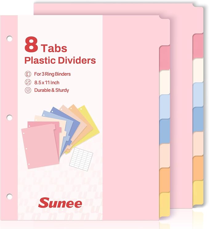 SUNEE 8 Tab Binder Dividers, Plastic Dividers by SUNEE