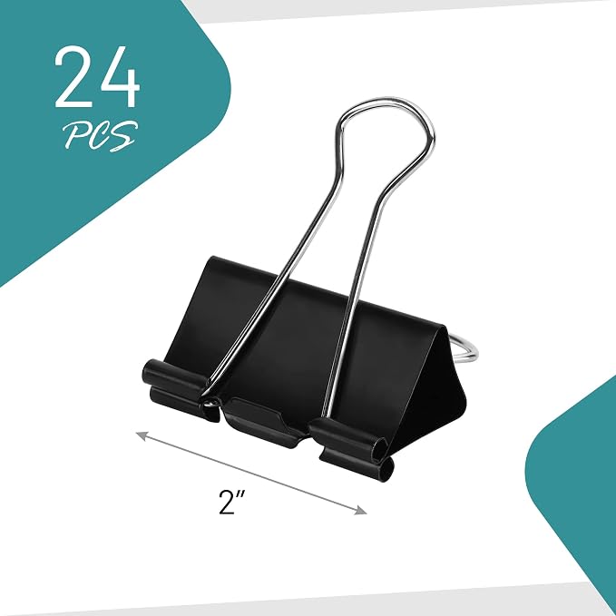 Binder Clips - 24 Pack Large Black Paper Clamps, 2 Inch, Holds 200+ Pages - Image 3