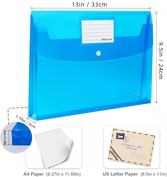 5 Pack Plastic Envelopes with Snap Closure, Large-Capacity Colored Clear Folders - Image 3