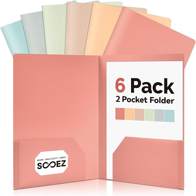Sooez 6Pack Folders with Pockets, Pastels Colors, Heavy Duty Pocket Folder by Sooez