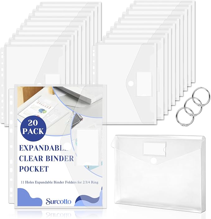 20 Pack Clear Expandable Binder Pockets by Surcotto