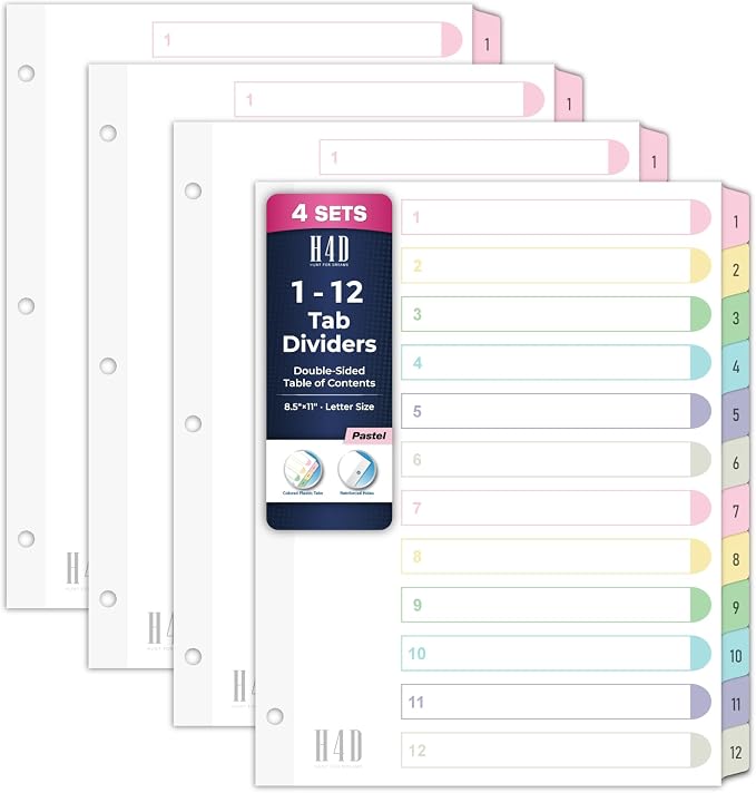 H4D 12 Tab Dividers for 3-Ring Binder, Numbered 1-12 Multicolor Tabs by H4D