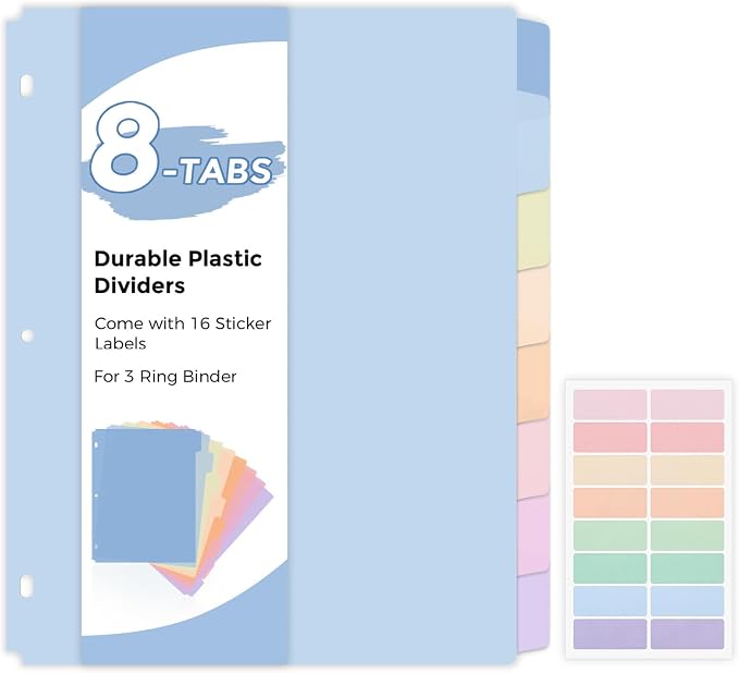 SKYDUE 8-Tab Binder Dividers for 3 Ring Binder, Letter Size, Durable Plastic by SKYDUE