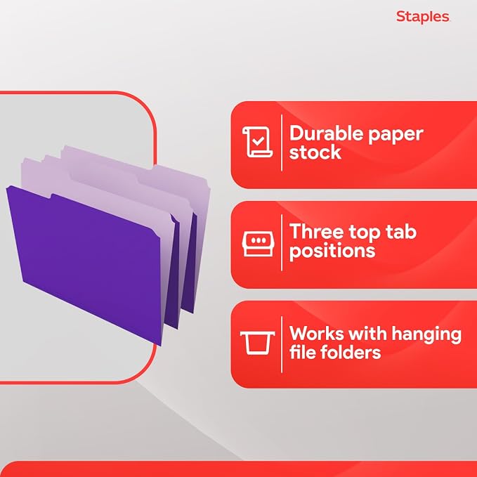 Staples File Folders, Letter Size, 1/3‑Cut Tabs, Durable 10.5‑Point Paper Stock - Image 4