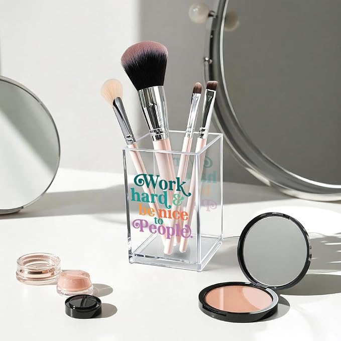 Work Hard Be Nice to People Acrylic Cosmetic Pencil Pen Holder Cup, - Image 3