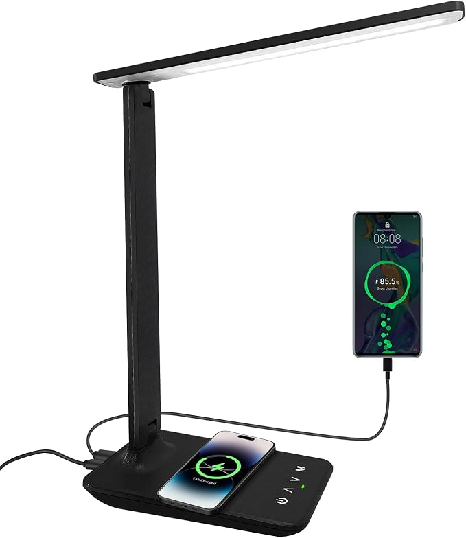 White crown LED Desk Lamp with 15W Wireless Charger & USB Port, Dimmable Table by WhiteCrown