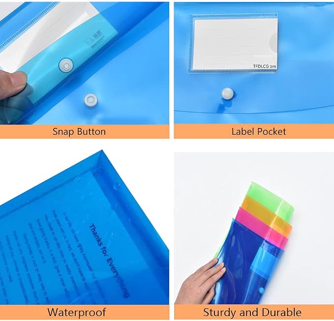 5 Pack Plastic Envelopes with Snap Closure, Large-Capacity Colored Clear Folders - Image 4