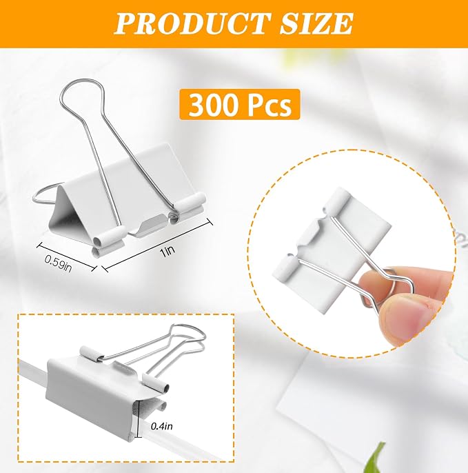 Jetec 300 Pack 1in/25mm White Metal Binder Clips Bulk Medium Reusable Fold Back - Image 2