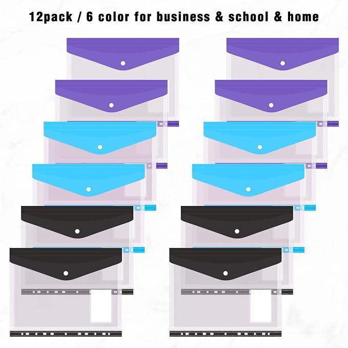 Colorlife Binder Pocket 12 Pack Plastic Envelopes Binder Folders 11 Holes - Image 4