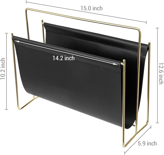 MyGift 15-Inch Modern Black Leatherette & Brass Plated Metal Magazine Holder – - Image 5