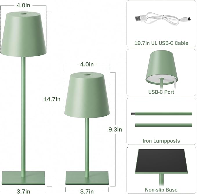 Kakanuo Green Cordless Rechargeable Table Lamp, 2 Pack Portable Desk Lamp - Image 4